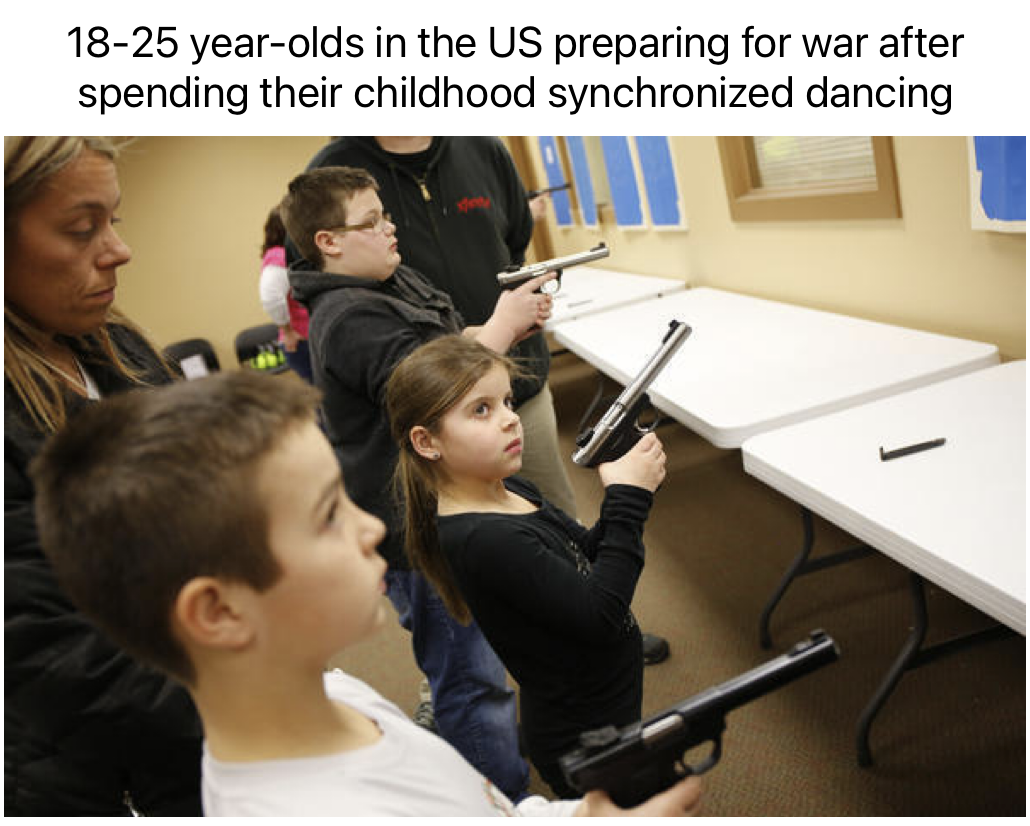 Pictured: Three kids holding hand guns and looking apprehensive face a line of plastic picnic tables against a wall. Two adults stand behind the kids. 

Caption: 18-25 year-olds in the US preparing for war after spending their childhood synchronized dancing